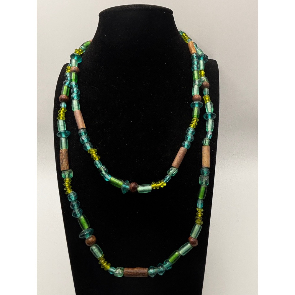 Sonoma Beaded Necklace Womens 40 Inch Teal Green Wood Glass Boho Long Layering